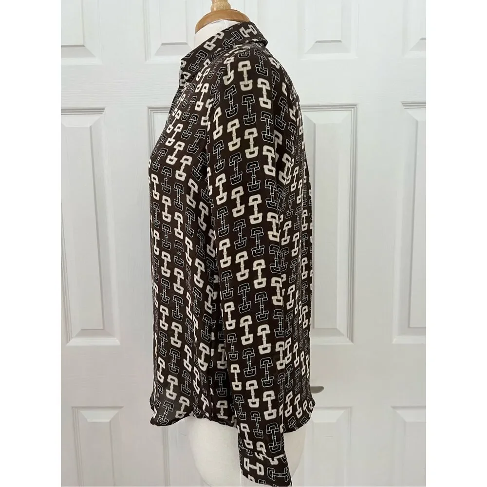 L'Agence Nina Horsebit Brown Ivory Buckle Print Button-Up Silk Blouse Size XS - Picture 5 of 9